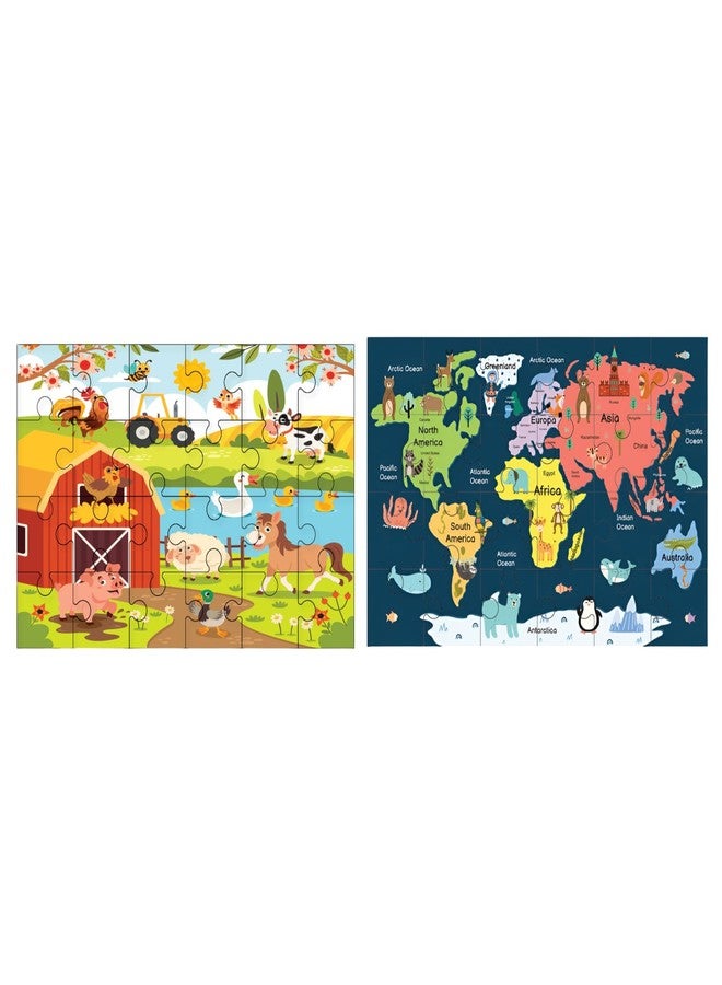 Khilonewale Combo of Wooden Farm Animal & Continents Jigsaw Puzzles for Kids - 24-Piece Educational Puzzle Toys for Toddlers & Preschoolers, Enhances Cognitive Skills & Geography Learning - Image 1